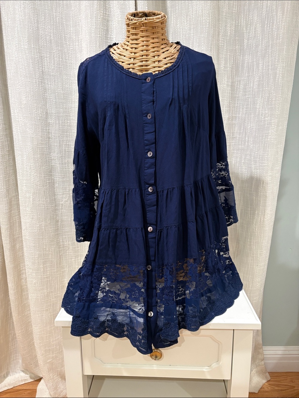 Roaman's Navy Lace-Tiered Button-Front Long Sleeve Tunic